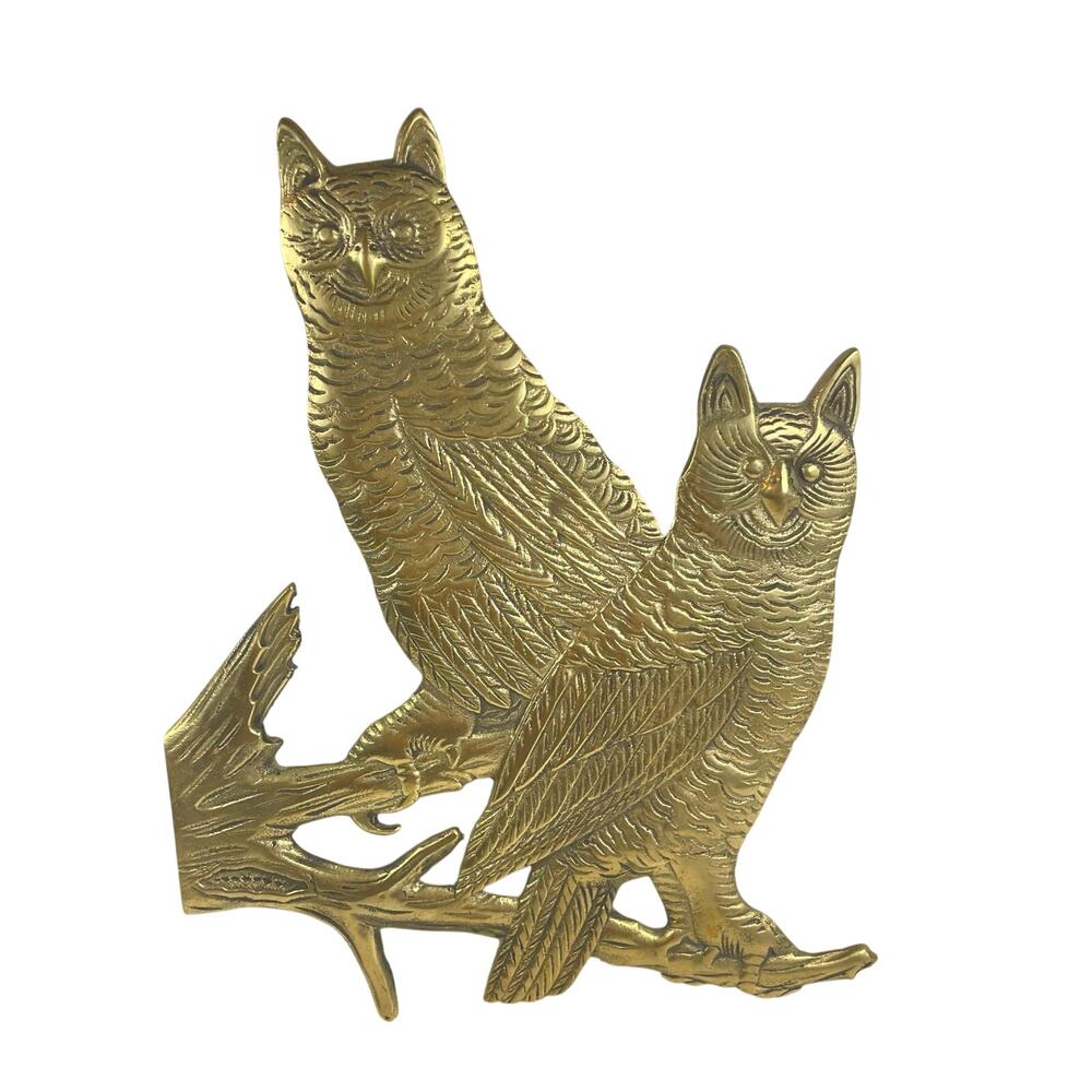 Vtg midcentury modern MCM flat solid brass owls perched on branch decor 10.5x5.5